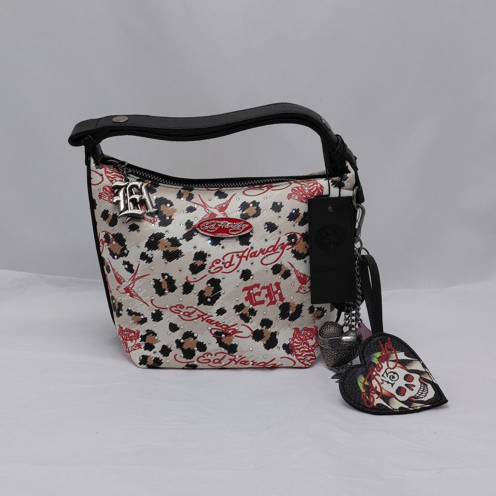 Ed Hardy Small Handbag Leopard Print Rhinestone Tattoo Art Charms Y2K Purse